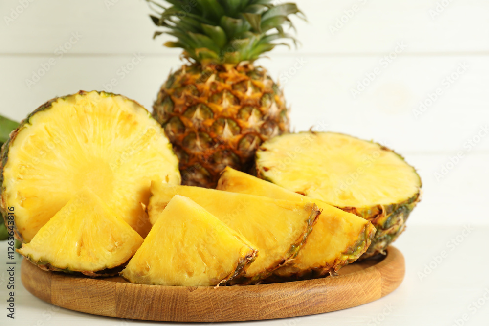 Whole and sliced fresh ripe pineapples on white table, closeup Whole and sliced fresh ripe pineapples on white table, closeup