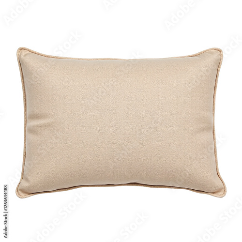 Beige rectangular pillow with a subtle texture, shown against a cut out background. photo