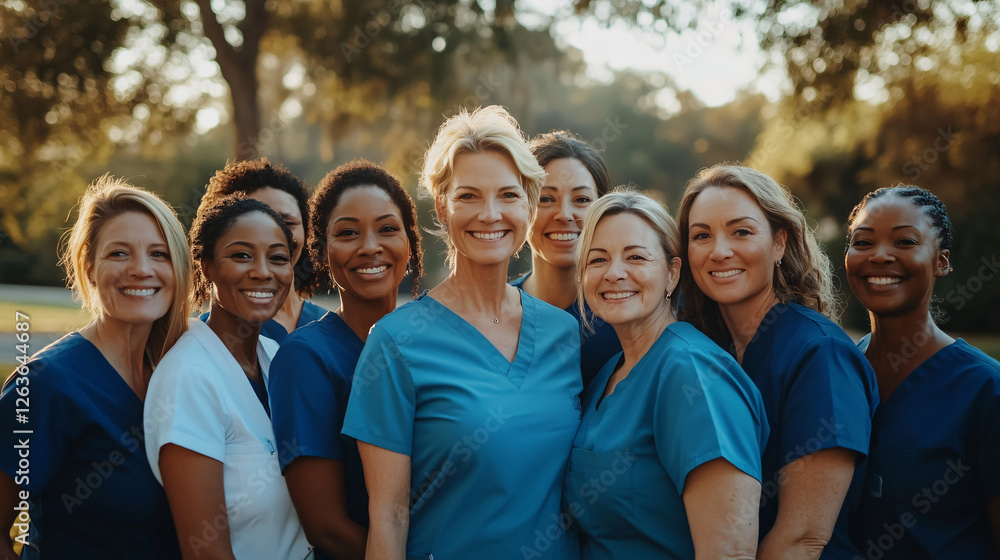 Obraz premium A team of nurses in blue and white scrubs standing close together smiling under natural sunlight in an outdoor setting with green trees in the background 