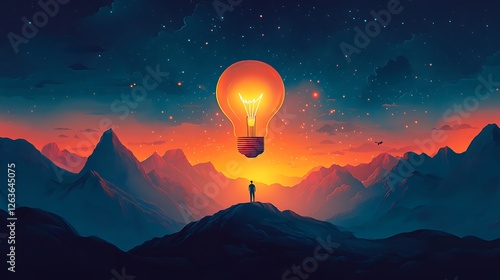 A man stands on a mountain peak, gazing at a giant glowing lightbulb in the night sky above a fiery, mountainous landscape.