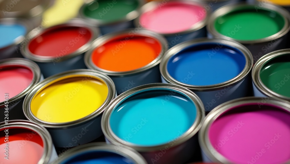 Vibrant array of open paint cans Vibrant array of open paint cans