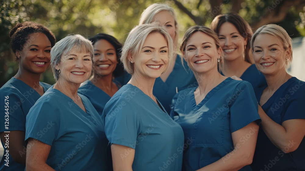 Obraz premium A group of friendly female nurses in blue scrubs smiling confidently in daylight symbolizing teamwork dedication and compassionate healthcare service
