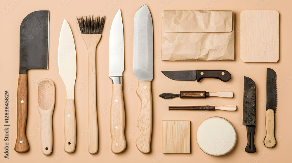 Flatlay of artisan tools on beige background Flatlay of artisan tools on beige background