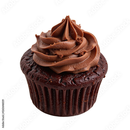 Close-up image of a single chocolate cupcake with chocolate frosting.