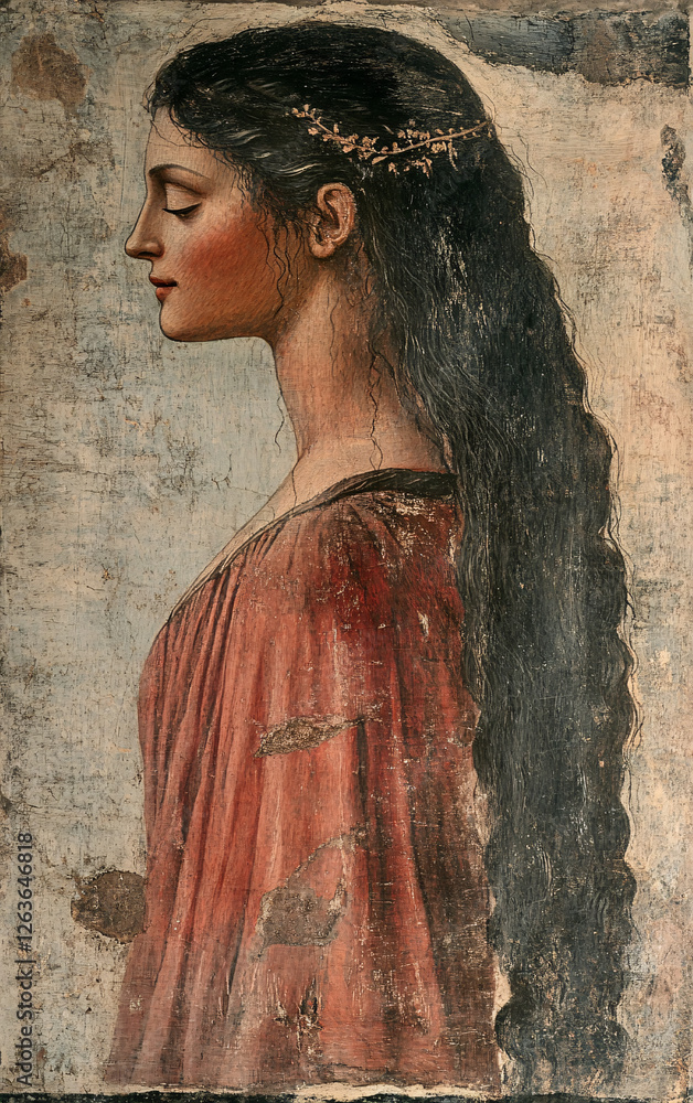 Classical-Style Painting of a Woman in Profile with Flowing Hair, Featuring an Aged, Textured Surface and Historical Artistic Influences Classical-Style Painting of a Woman in Profile with Flowing Hair, Featuring an Aged, Textured Surface and Historical Artistic Influences