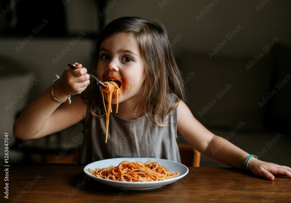 Young girl enjoying a plate of spaghetti with a joyful expression Young girl enjoying a plate of spaghetti with a joyful expression