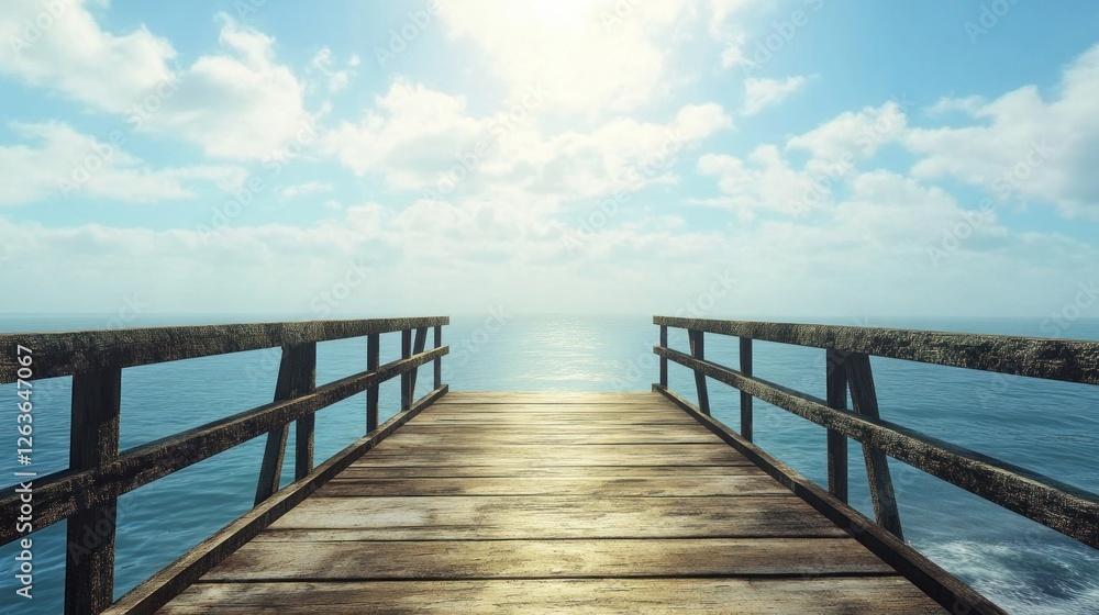 Tranquil Ocean View: Wooden Pier Extending to the Horizon Tranquil Ocean View: Wooden Pier Extending to the Horizon