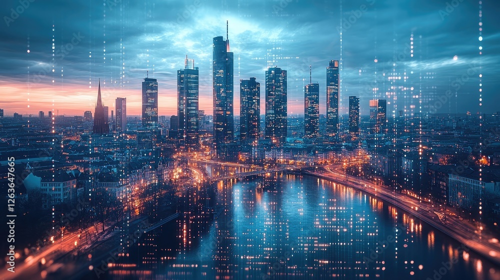 City skyline from across the river towards modern skyscrapers at daytime. Concept of data protection, regulation, and privacy for all individuals City skyline from across the river towards modern skyscrapers at daytime. Concept of data protection, regulation, and privacy for all individuals