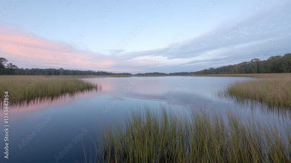 Calm sunset marsh reflection, peaceful nature scene, coastal tranquility Calm sunset marsh reflection, peaceful nature scene, coastal tranquility