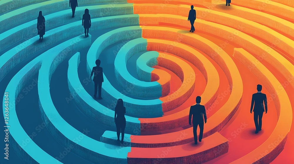 Silhouetted figures navigate a divided, swirling maze, symbolizing choices and diverging paths. Silhouetted figures navigate a divided, swirling maze, symbolizing choices and diverging paths.