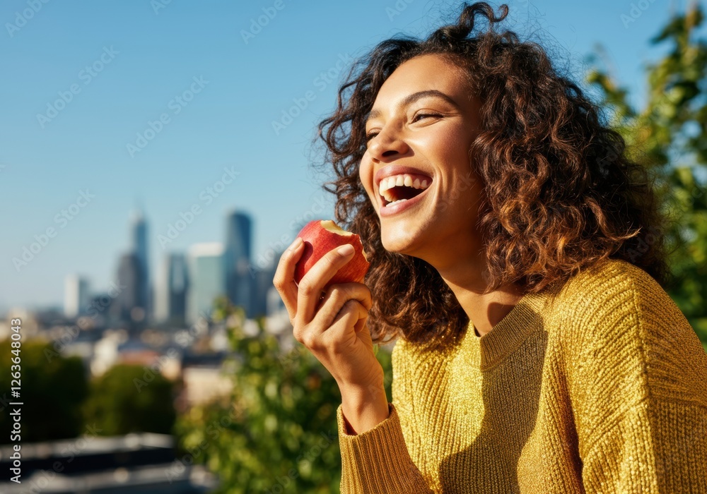 Fototapeta premium Happy woman enjoying a fresh apple with a city skyline in the background