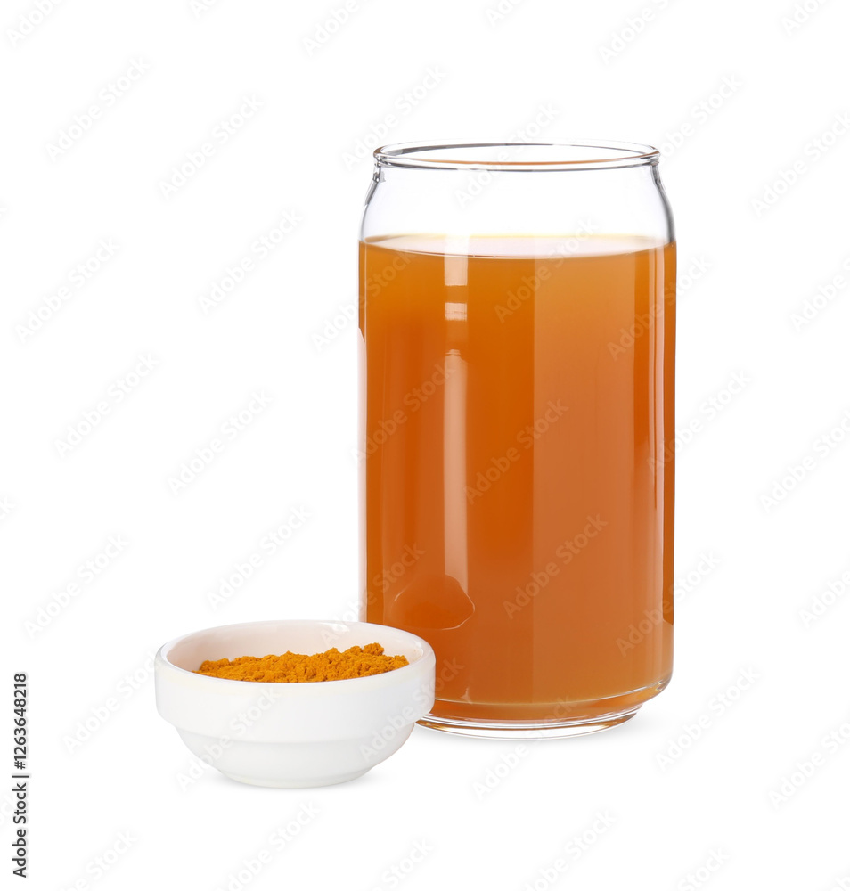 Aromatic turmeric tea in glass and powder isolated on white Aromatic turmeric tea in glass and powder isolated on white