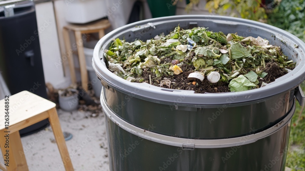 Household Waste Transformation: Composter Full of Organic Materials Household Waste Transformation: Composter Full of Organic Materials