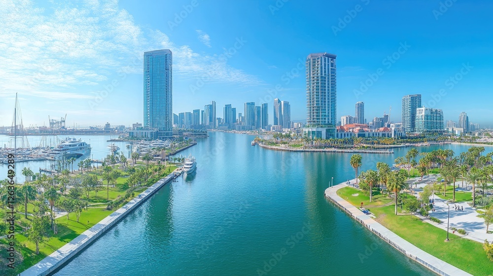 City view of downtown skyscrapers, harbor area, daytime. Concept of data protection regulation and privacy for individuals City view of downtown skyscrapers, harbor area, daytime. Concept of data protection regulation and privacy for individuals