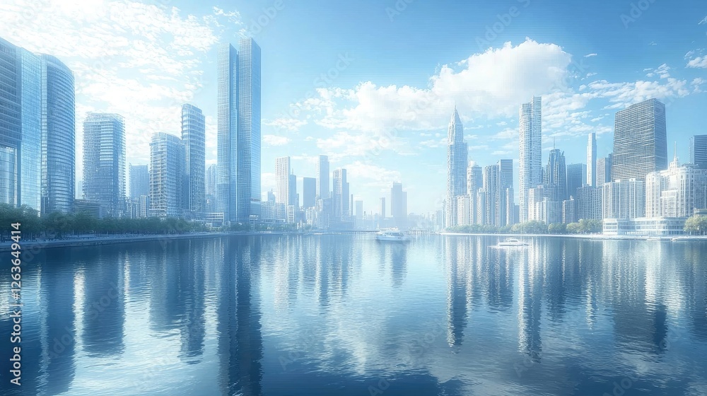 Fototapeta premium City view of downtown skyscrapers, harbor area, daytime. Concept of data protection regulation and privacy for individuals