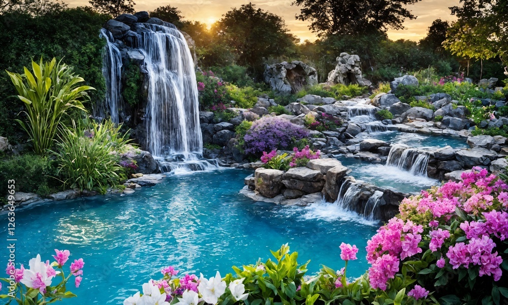 Naklejka premium Serene Garden with a Waterfall Flowing into a Reflective Pool – Breathtaking Sunset Landscape for Meditation