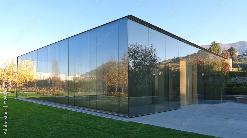 Obraz premium Modern Glass Wall with Lush Landscape and Clear Blue Skies