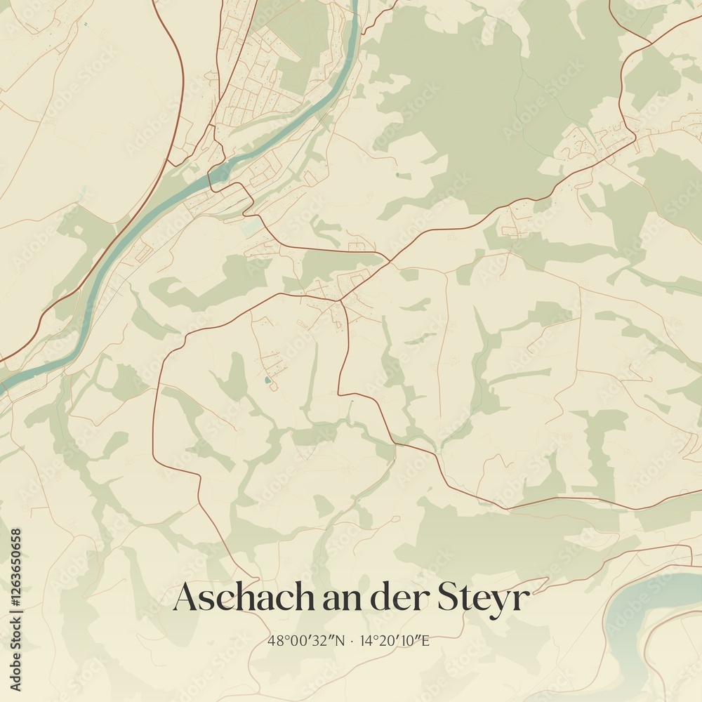 Vintage map of Aschach an der Steyr, Austria.