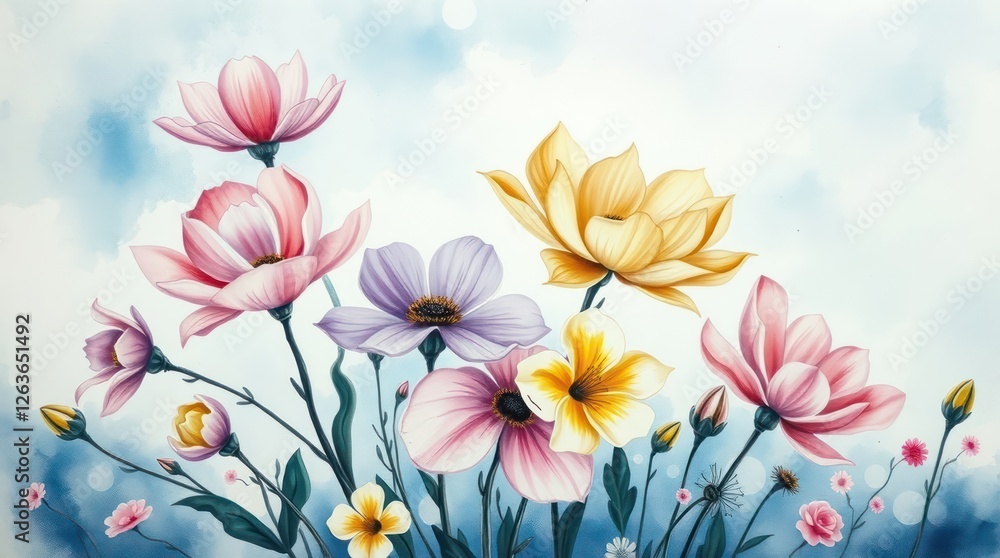 Celebrating the beauty of spring and summer, this elegant floral illustration captivates with its soft hues and artistic blending, perfect for invitations and special occasions Celebrating the beauty of spring and summer, this elegant floral illustration captivates with its soft hues and artistic blending, perfect for invitations and special occasions