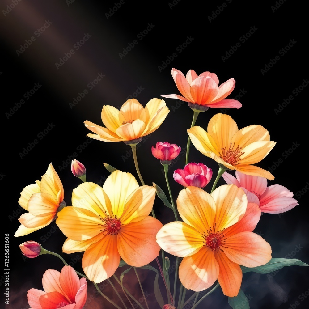 Fototapeta premium Delicate flowers bloom in soft hues, featuring an artistic watercolor style that exudes elegance. Ideal for greeting cards and vibrant backgrounds, this piece captivates