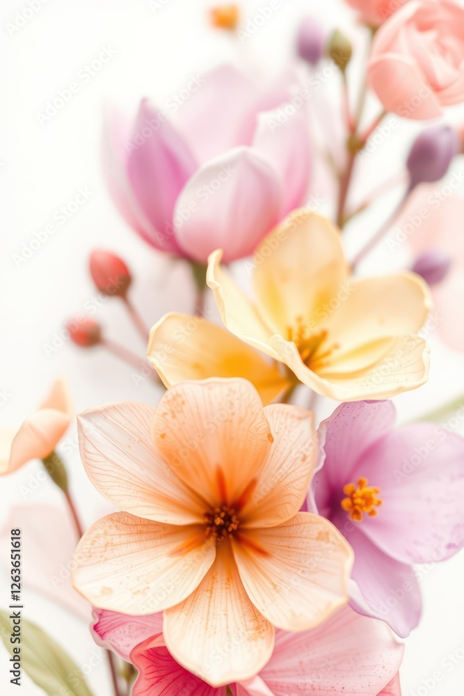 Delicate flowers painted in soft watercolor tones create an elegant, airy composition perfect for spring and summer invitations or decorative backgrounds Delicate flowers painted in soft watercolor tones create an elegant, airy composition perfect for spring and summer invitations or decorative backgrounds