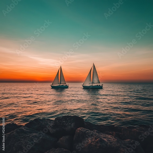 Sunset Sailboats on Calm Water photo