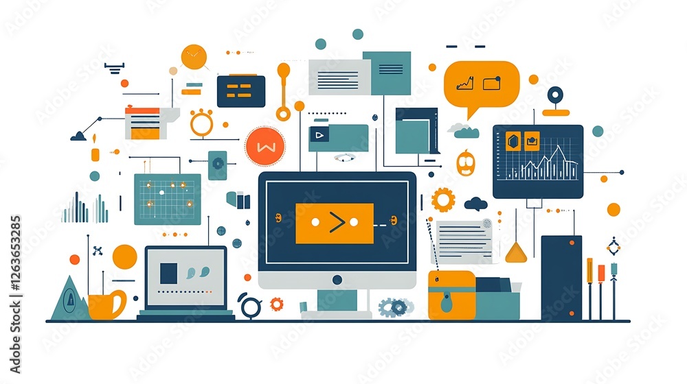 Digital workspace with computer, laptop, charts, and data visualization. Digital workspace with computer, laptop, charts, and data visualization.
