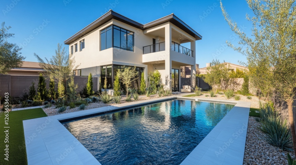 Fototapeta premium A modern two-story home with sleek architectural lines, a stylish pool