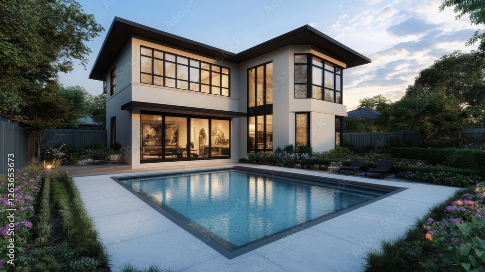 Fototapeta premium A modern two-story house with large windows and a minimalist pool