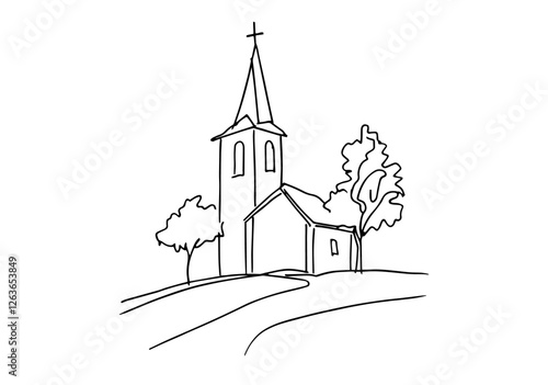 church building with steeple in one line drawing style