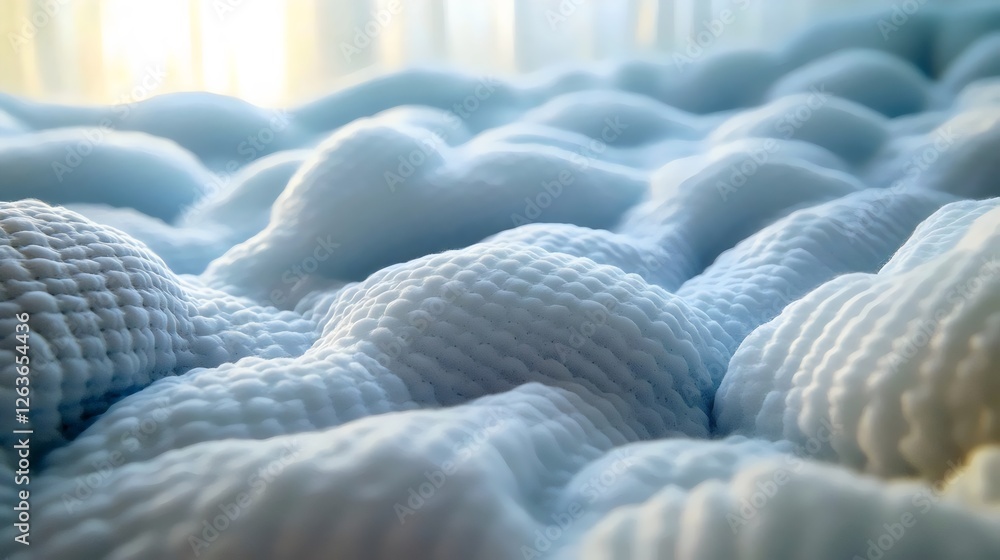 Obraz premium The image is of a bed with a blue and white blanket