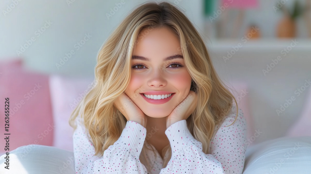 A cheerful blonde woman in a cozy indoor setting, resting her face in her hands, radiating warmth and positivity. A cheerful blonde woman in a cozy indoor setting, resting her face in her hands, radiating warmth and positivity.