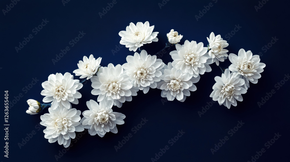A fine art-inspired floral composition of ivory chrysanthemums, gracefully arranged against a deep, single-tone blue background A fine art-inspired floral composition of ivory chrysanthemums, gracefully arranged against a deep, single-tone blue background