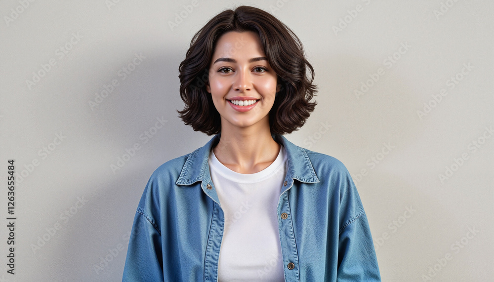 Happy young woman with shoulder-length black hair smiling confidently in a denim jacket against a light wall Happy young woman with shoulder-length black hair smiling confidently in a denim jacket against a light wall