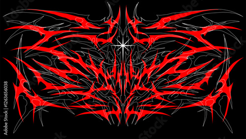 Neo tribal Y2K cyber sigil with sharp gothic symmetry, perfect for streetwear t-shirt prints