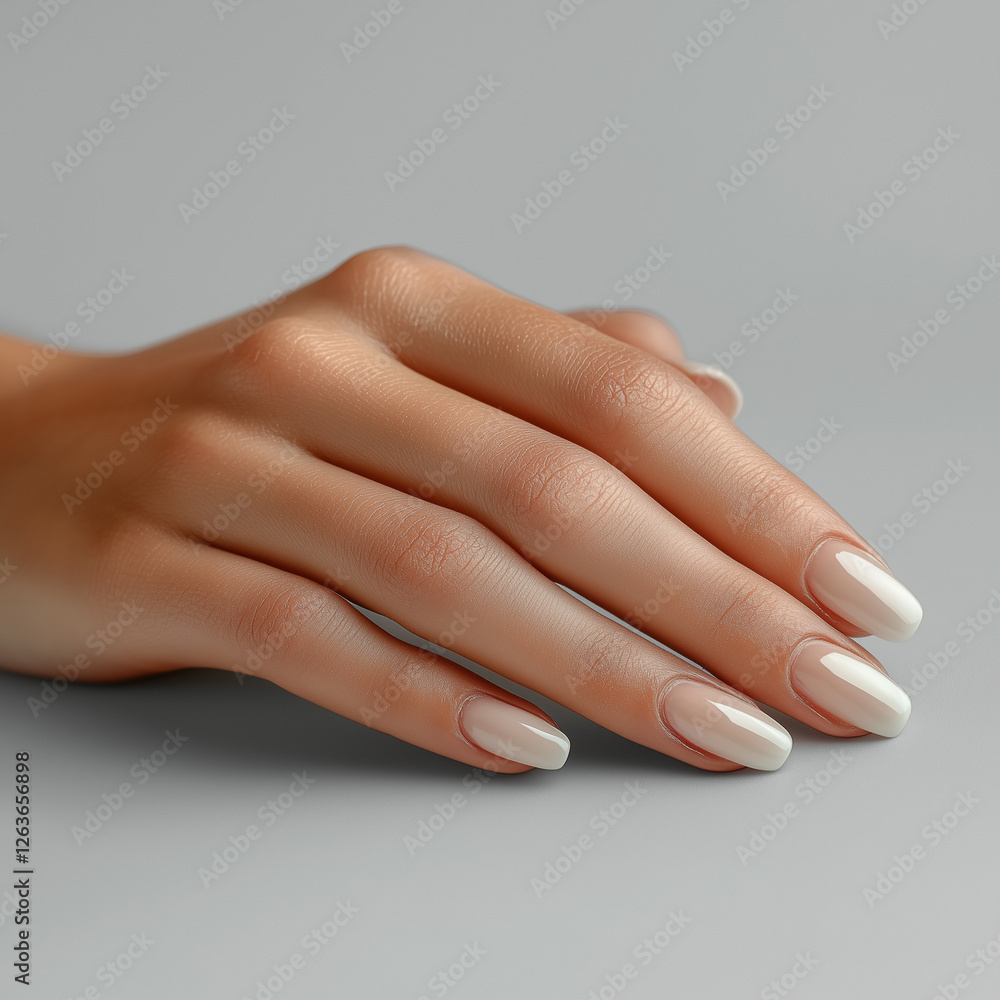 Close-up of a woman's hand with elegant white polished nails against a neutral background. Close-up of a woman's hand with elegant white polished nails against a neutral background.