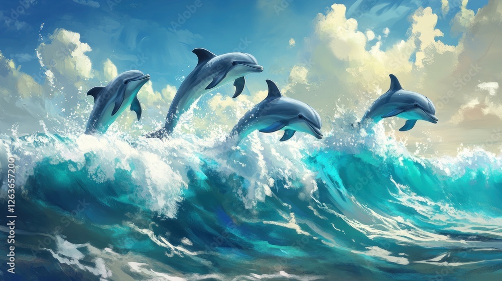 Naklejka premium Playful Dolphins Leaping Through Ocean Waves Under a Sunny Sky
