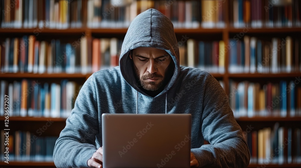 Data privacy day focused man in hoodie using laptop in library setting Data privacy day focused man in hoodie using laptop in library setting