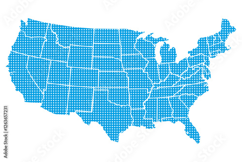 USA blue dotted outline map isolated on a transparent or white background. Detailed map of the United States with outlined administrative divisions in a dotted style, vector illustration.