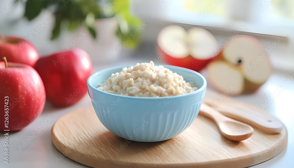 Oatmeal porridge for the baby from ground cereals in a blue bowl, red ripe apples on a wooden board close-up. The first complementary food of a child, baby nutrition Oatmeal porridge for the baby from ground cereals in a blue bowl, red ripe apples on a wooden board close-up. The first complementary food of a child, baby nutrition