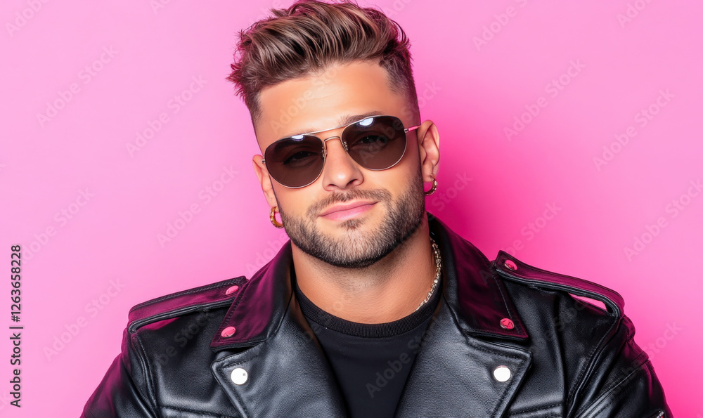 Obraz premium Stylish Man with Sunglasses and Leather Jacket Posing Against Pink Background for Fashion and Trendy Lifestyle Concepts