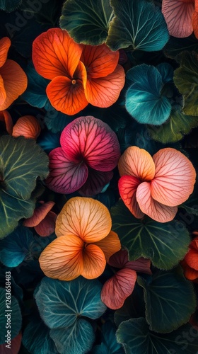 Wallpaper Mural Blooming begonias display a stunning array of vibrant colors contrasting beautifully against rich green leaves. This natural pattern captivates the viewer with its striking beauty. Torontodigital.ca