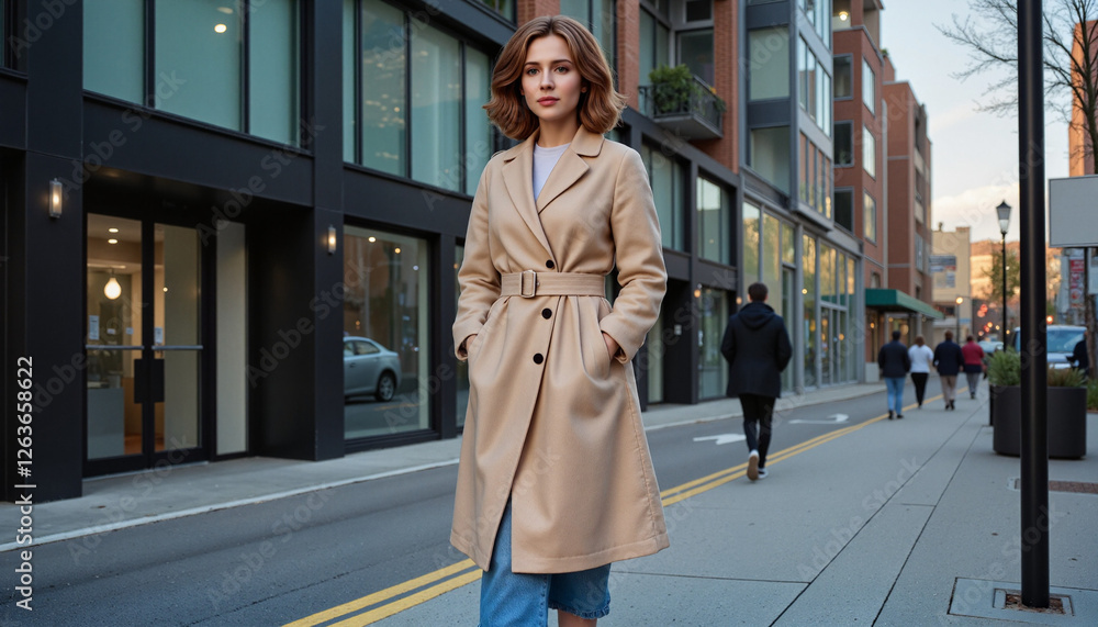 Fototapeta premium Confident young woman in beige trench coat walking on modern urban street