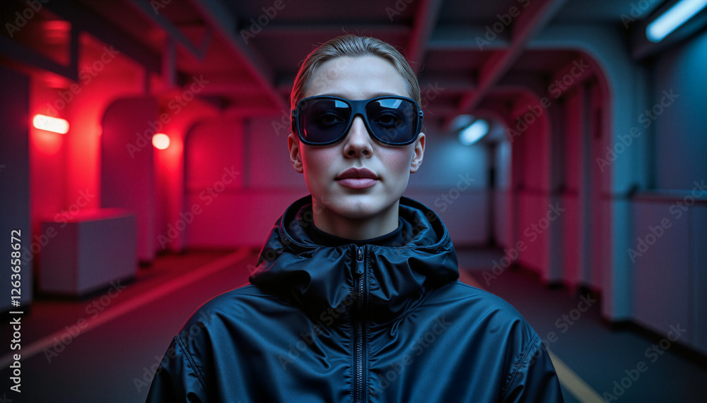 High-tech female figure in futuristic techwear outfit with augmented reality goggles, moody city tunnel High-tech female figure in futuristic techwear outfit with augmented reality goggles, moody city tunnel