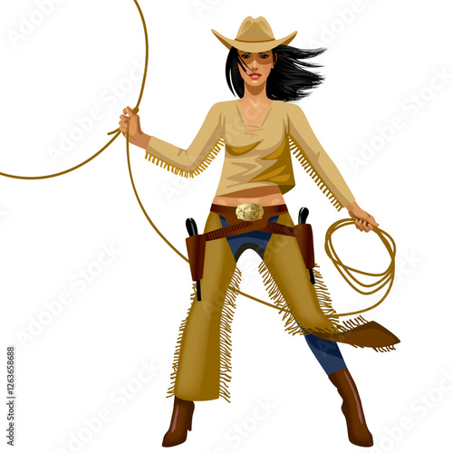 Sexy cowgirl with black flowing hair in a wide-brimmed hat with a lasso in her hands isolated on a white. Girl in a cowboy costume. Vector illustration in 3d style