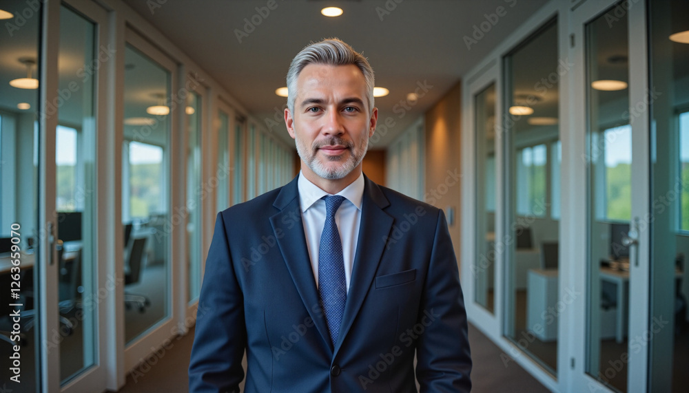 Confident middle-aged businessman in a navy suit standing in a modern office hallway Confident middle-aged businessman in a navy suit standing in a modern office hallway