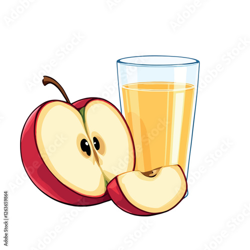 Red apple halves and glass of apple juice on white background