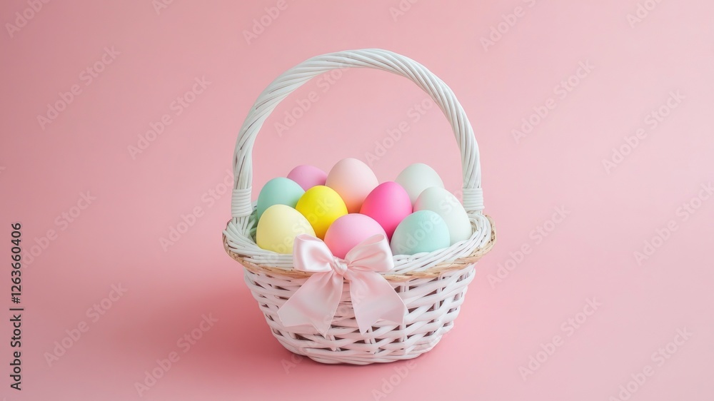 Fototapeta premium Easter wicker white basket with colorful pastel eggs for festive holiday on pink background. Greeting card.