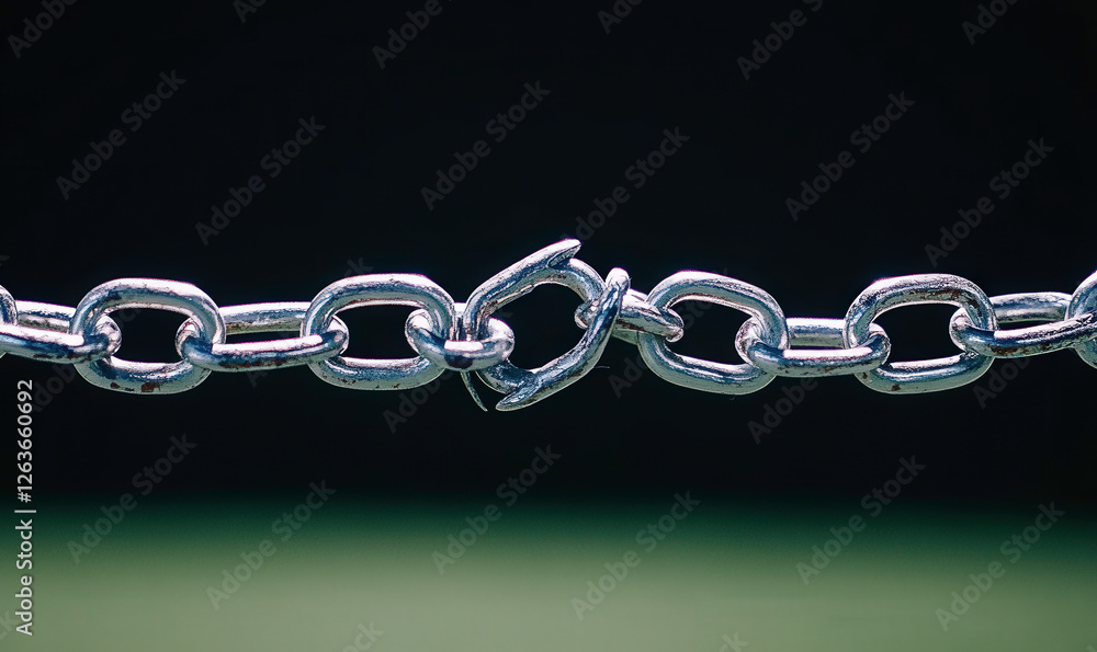 Obraz premium Close-up of a shiny stainless steel chain link with a broken connection, symbolizing disruption, fragility, and industrial resilience against a dark backdrop.