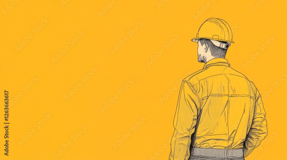 Construction worker surveying site, yellow background, industry illustration Construction worker surveying site, yellow background, industry illustration